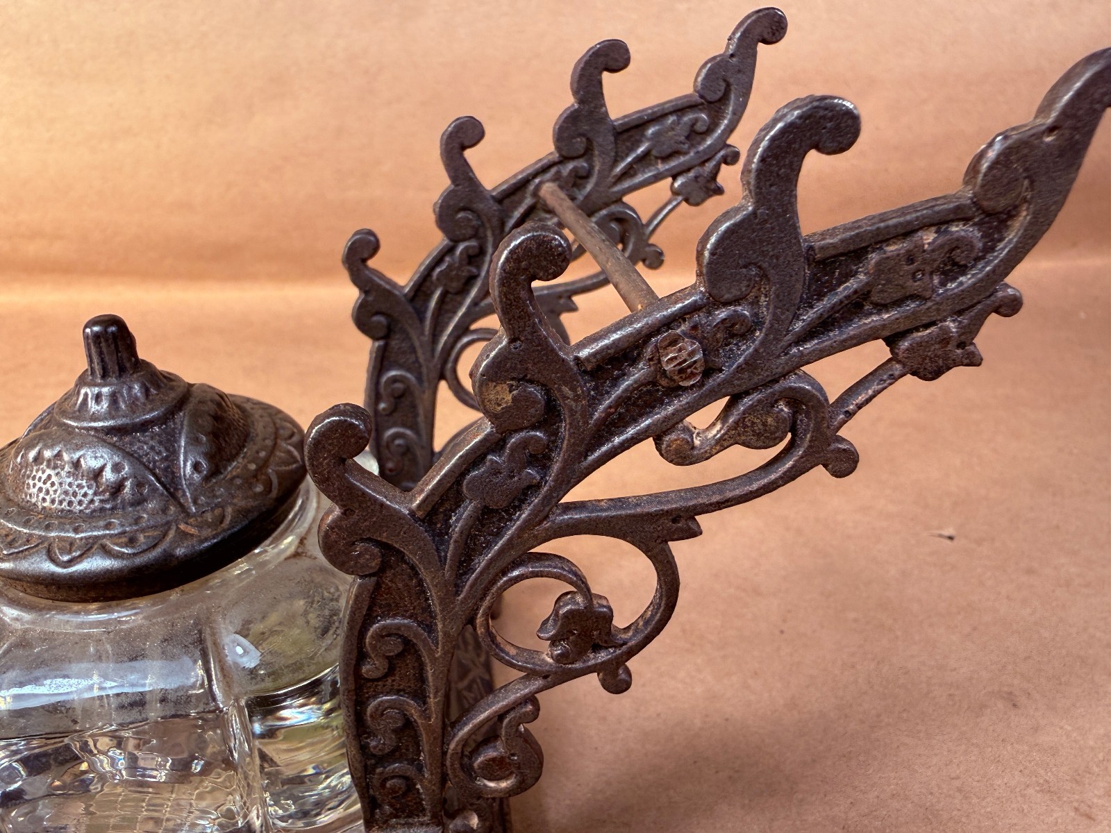 Antique Victorian Cast Iron Inkwell and Pen Holder with Glass Inkwell