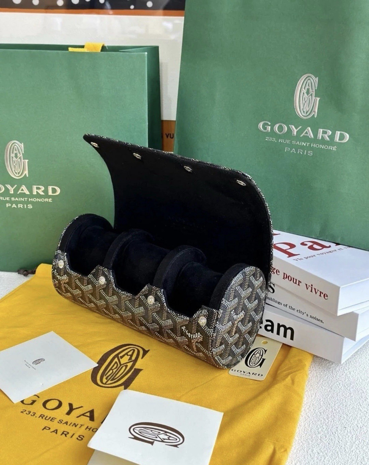 Goyard Travel Watch Case 3 Holder Black Leather