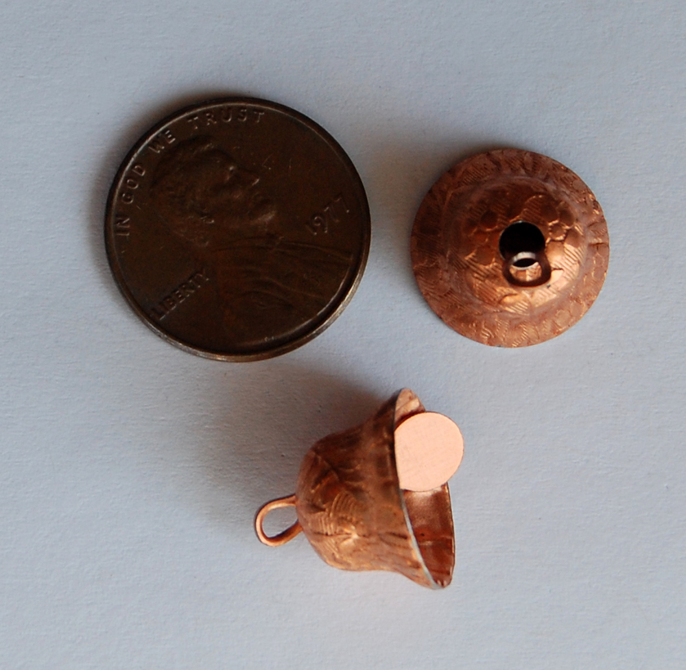 VINTAGE 2 TINY SMALL COPPER PLATED METAL BELL CHARMS PENDANTS BEADS 1/2 inch