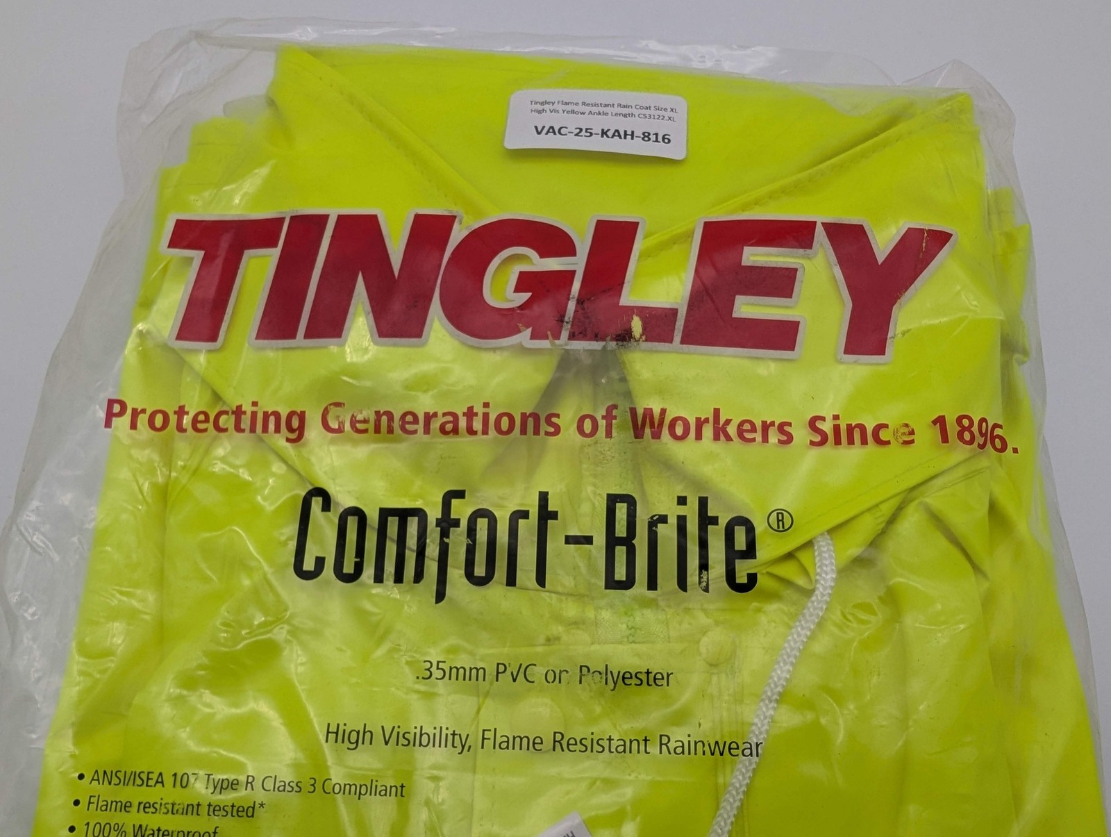 Tingley Flame Resistant Rain Coat Size XL High Vis Yellow Ankle Length C53122.XL