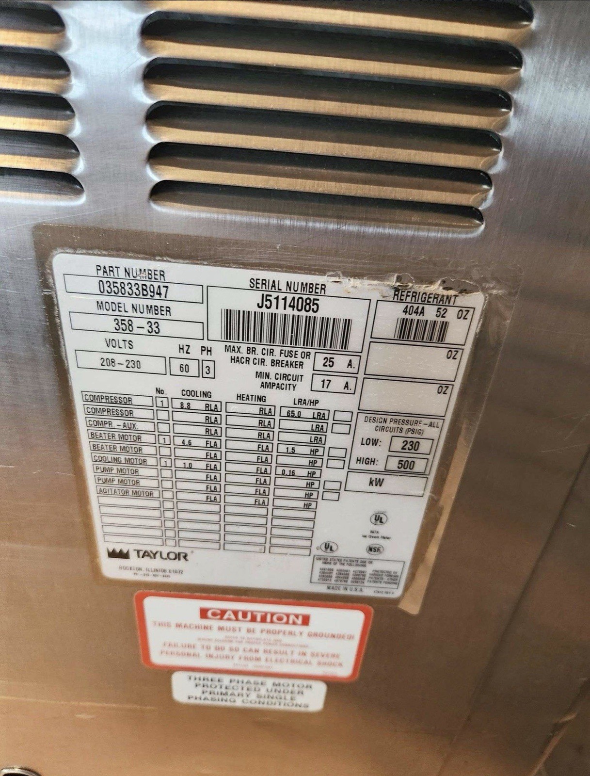 Taylor 358-33 Thick Shake Freezer, One Flavor, Air Cooled, Gravity Fed, 3 Phase