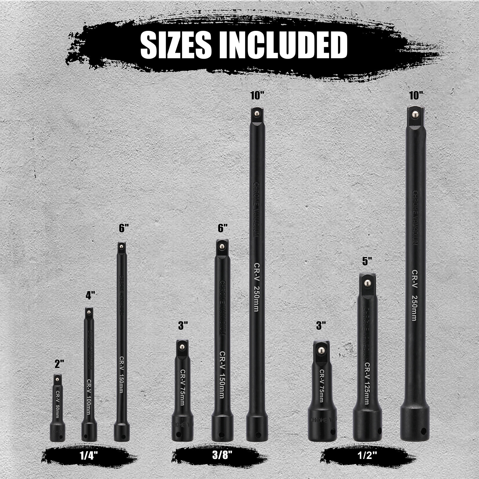 1/4",3/8",1/2" Drive Extension Bar Set, CR-V, 9 PCS Socket Extension Bars