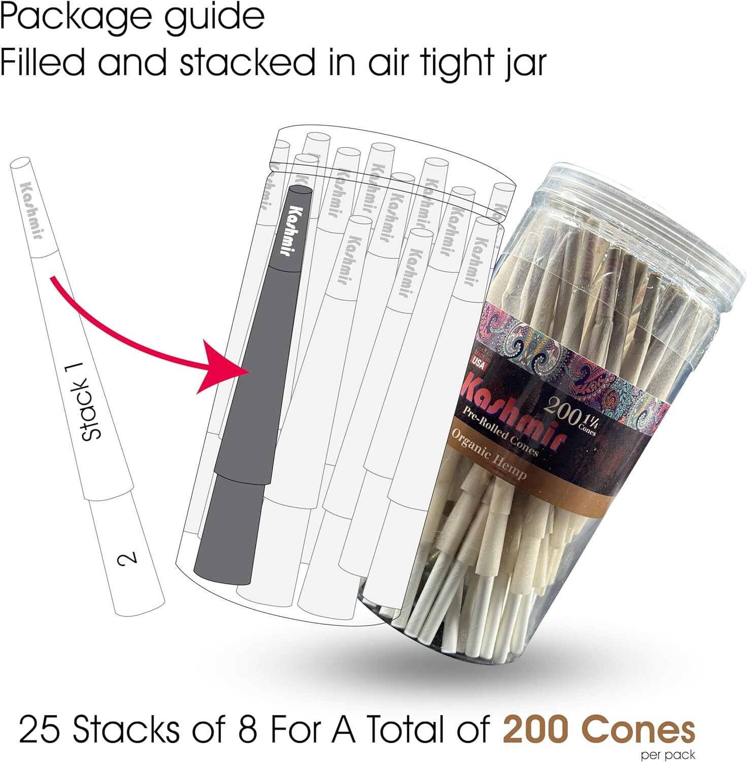 Kashmir Pre Rolled Cones 1 1/4 Size Smooth Organic Rolling Papers Cones - 200 Ct