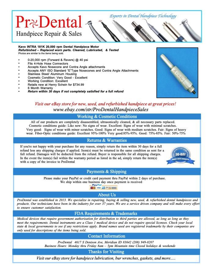 Kavo INTRA 181K 20,000 rpm Dental Handpiece Lowspeed Motor - ProDental
