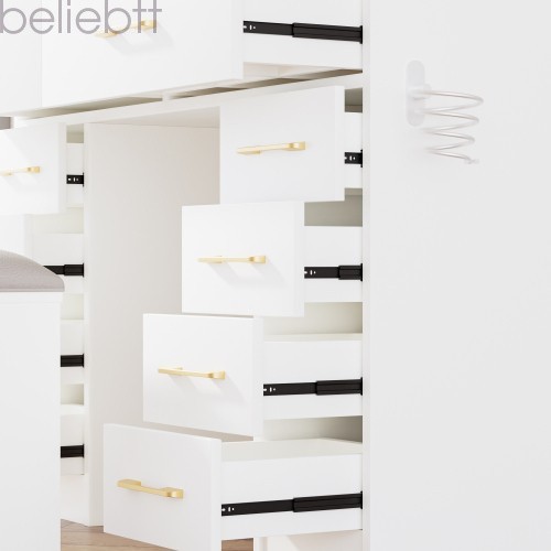 46"Glass Top Vanity Desk 10 Drawers Makeup Vanity Power Outlet, Silent Slides