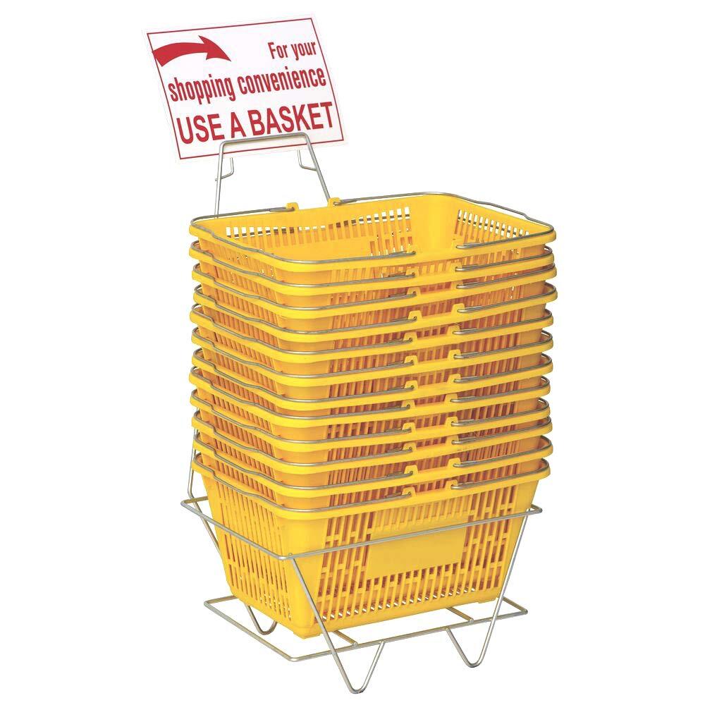 Shopping Basket Set of 12 Plastic with Sign and Stand (Metal Handles)