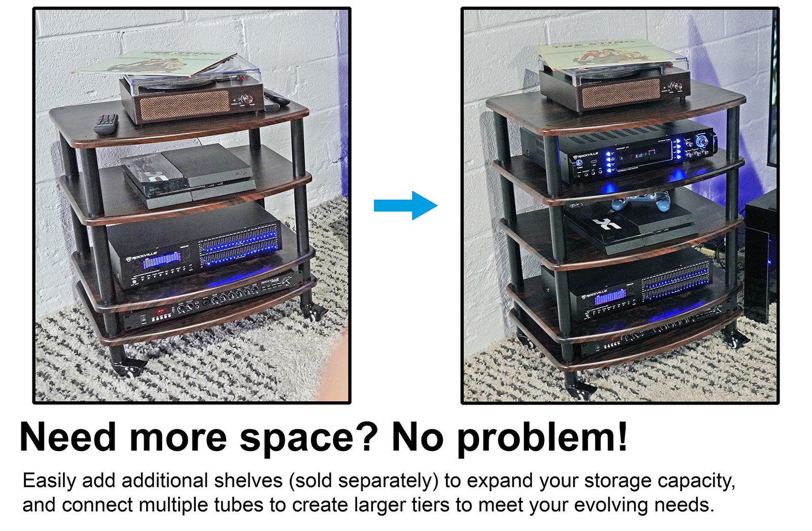 Rockville FLX Dark Wood Adjustable Height 4 Shelf Home Theater Audio Rack Stand