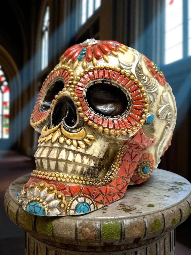 Gothic Day Of The Dead Flower Floral SKULL Skeleton HEAD Sculpture Figurine Gift
