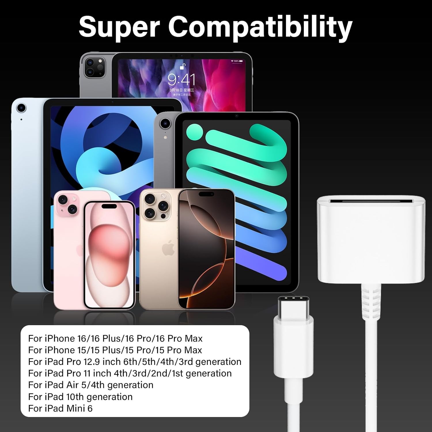 USB C to 30 Pin Female Adapter for iPhone 16, 1 Pack, White/USB-C 30Pin