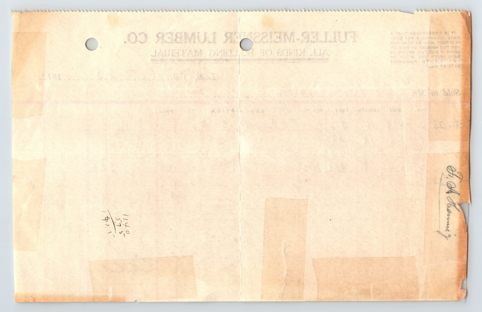 California Lodi Fuller Meissner Lumber 1911 Billhead Receipt 8" x 5"
