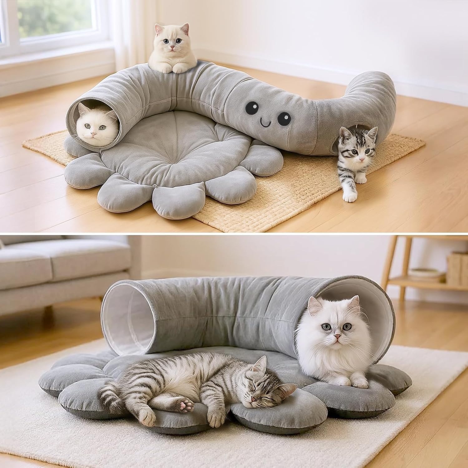 2-in-1 Cat Tunnel Bed with 20 Cat Toys, Washable Peekaboo Cat Cave Bed