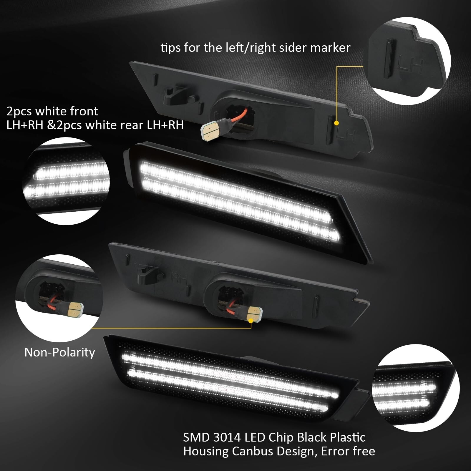 White Front Rear Fender Side Marker LED Lights Smoked For 2010-2015 Chevy Camaro