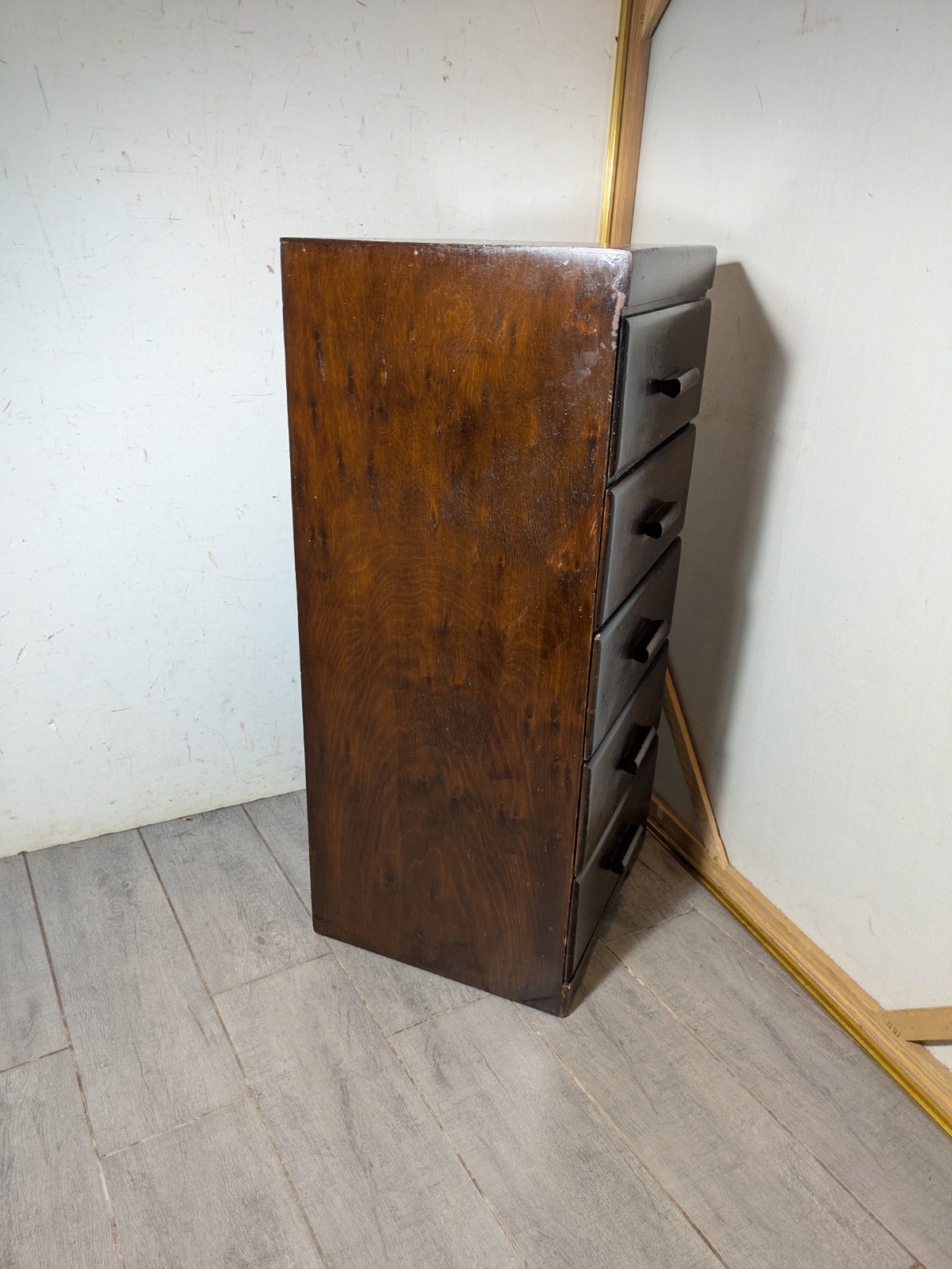 Vintage Art Deco Wood 5-Drawer Narrow Tallboy Dresser Lingerie Chest Cabinet N23
