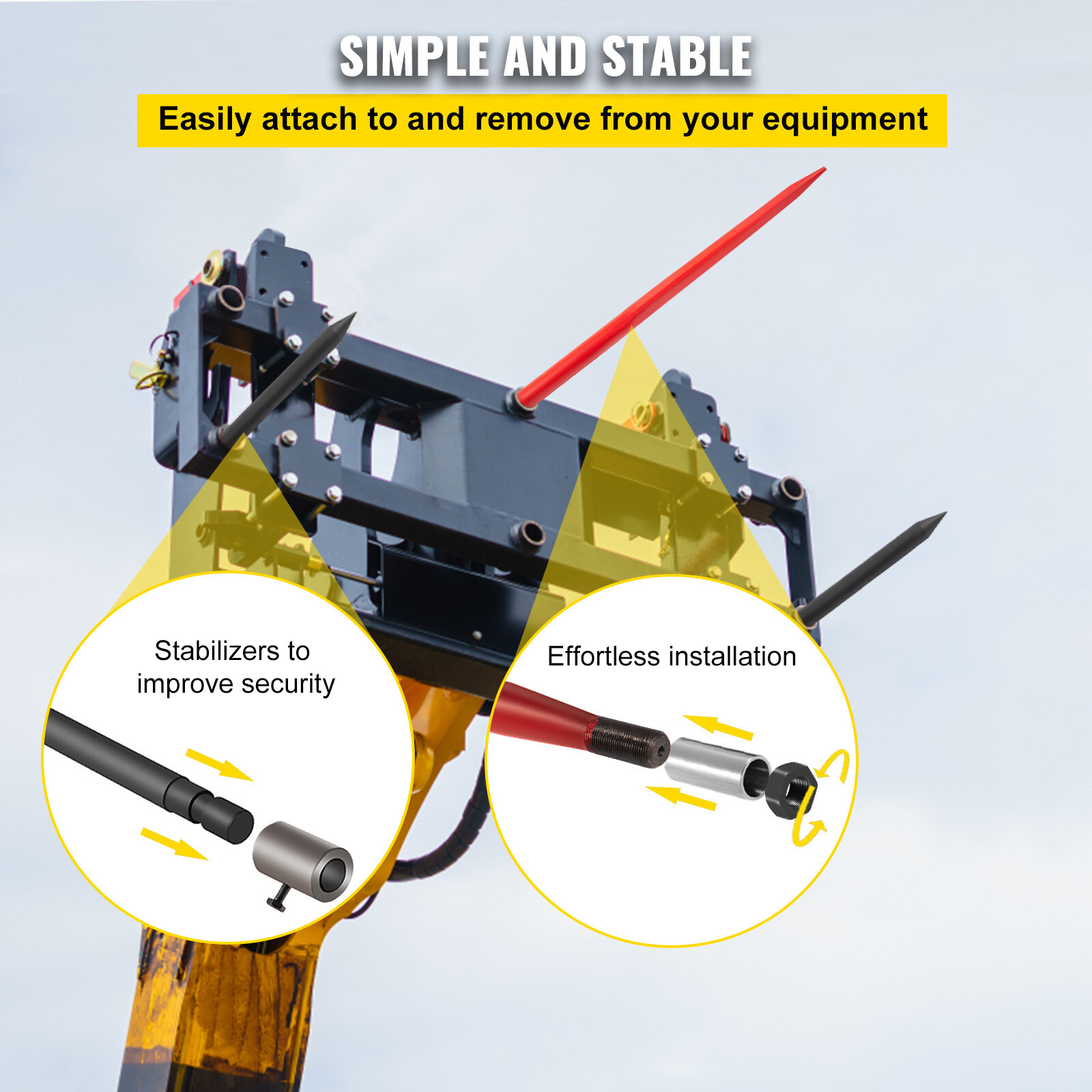 VEVOR Hay Bale Spear 49" 3000 lbs Spike Fork 45#Steel W/2 Stabilizers & Sleeves