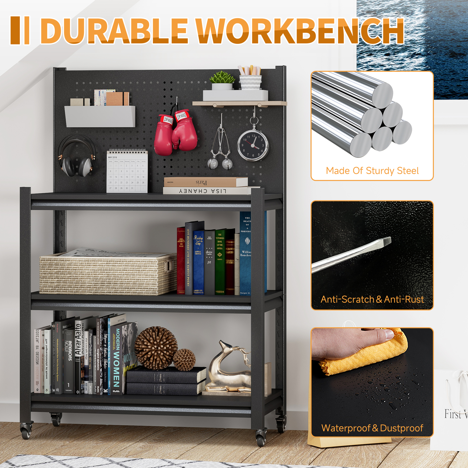 Metal Adjustable Workbench w/ Pegboard Rolling Garage Tool Storage Shelving Rack