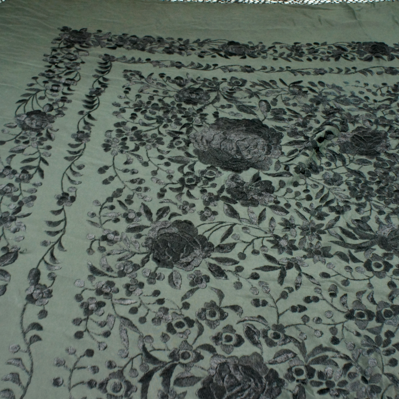 Antique Silk Shawl Wrap Piano Scarf HAND EMBROIDERED FLORAL WITH FRINGE 51"inch