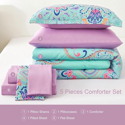 Comforter Set, 5 Piece Bed in a Bag, Boho and Lilac Damask Medallion Twin Aqua