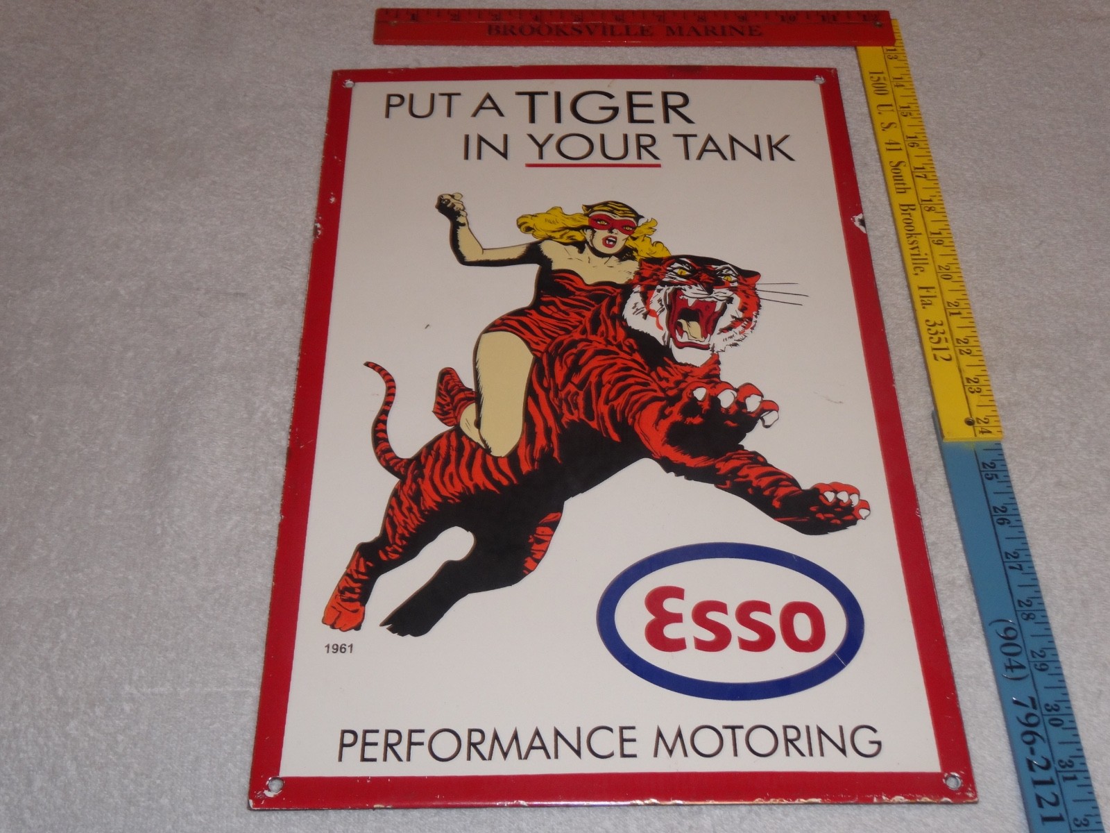 VINTAGE 1961 "ESSO CAT WOMAN RIDING TIGER" 18" PORCELAIN METAL GASOLINE OIL SIGN