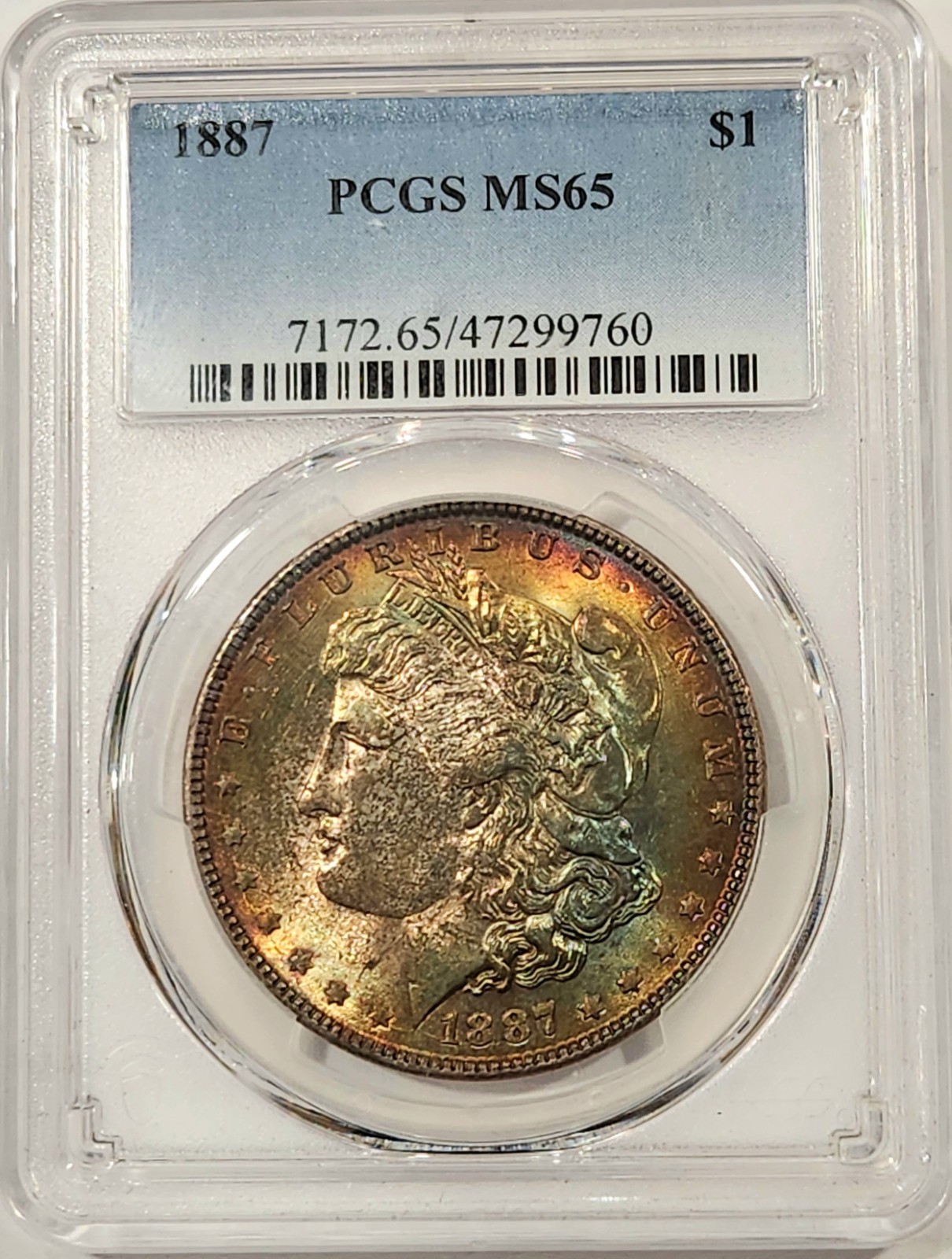 1887 Morgan Silver Dollar PCGS MS65 – Gorgeous Gold & Emerald Toning – Gem BU $1