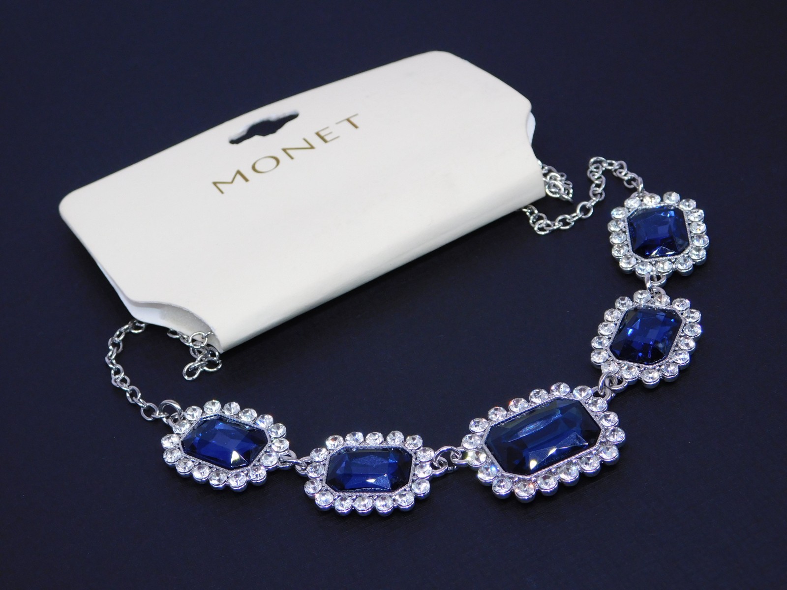 MONET Blue Faceted Glass Rhinestone Statement Necklace New with Tag