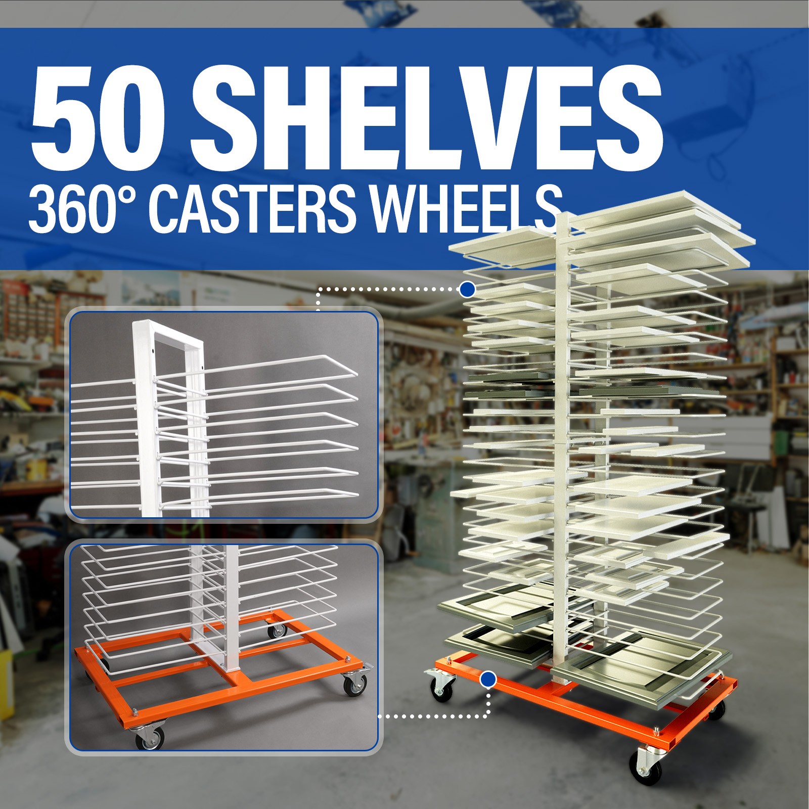 50 shelves Powder Coated Drying Rack 4 Wheels For cabinets/Shelves/Paint Shops