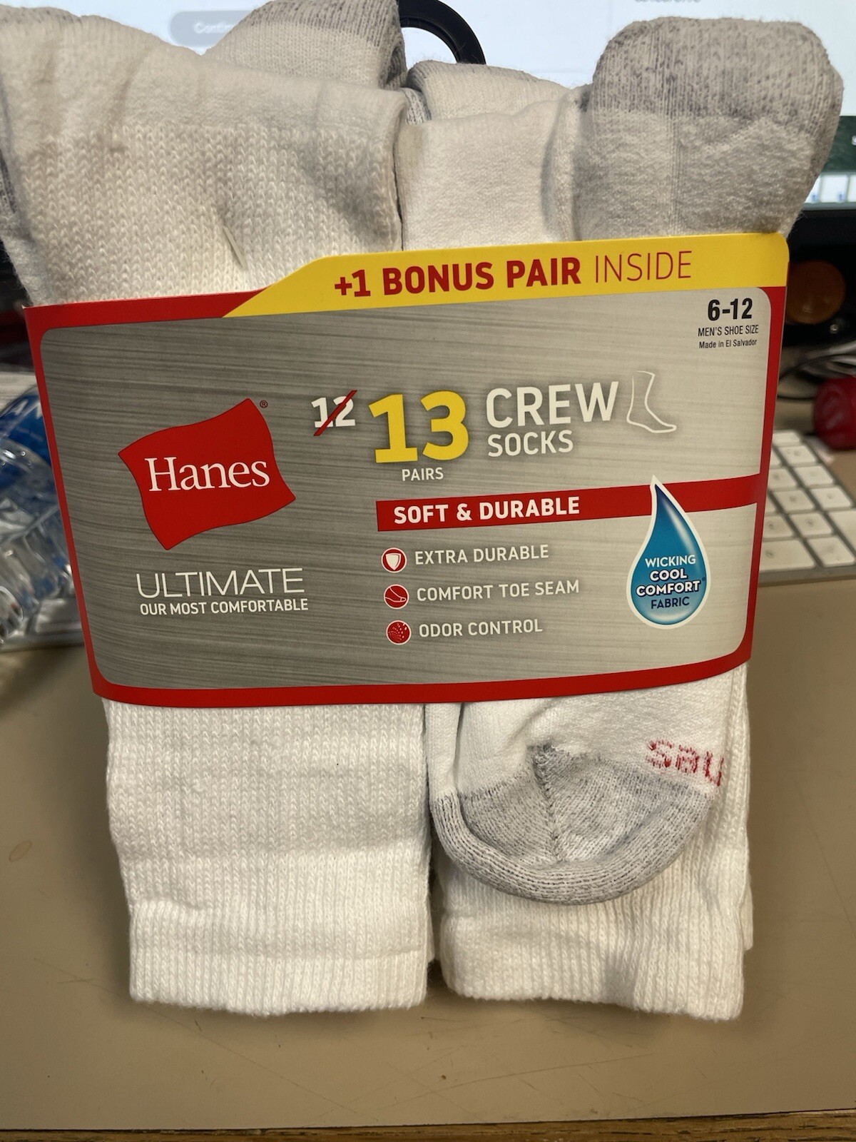 Hanes Men's 12-pair+1 free  Ultimate Crew Socks 6-12 odor control wicking cool