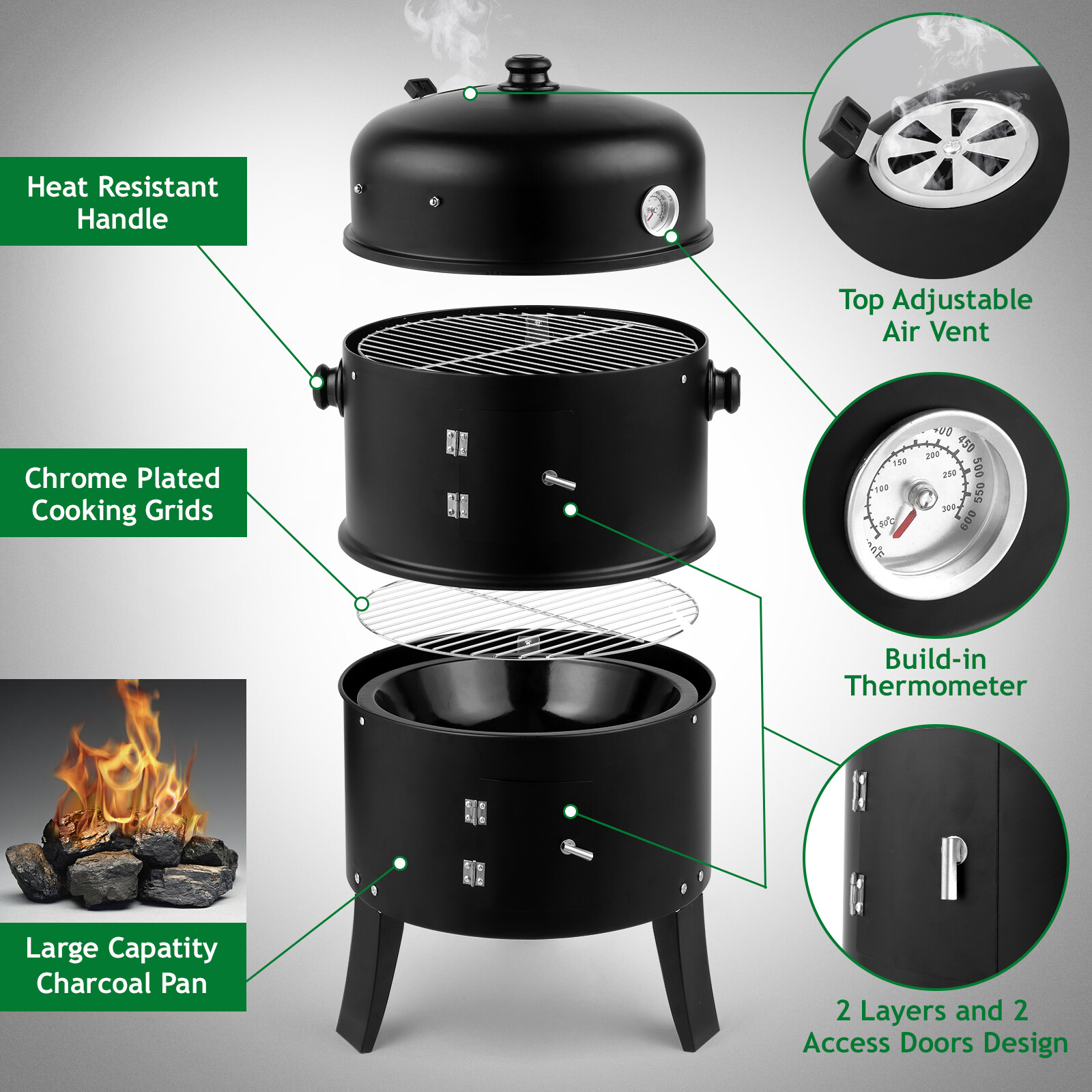32" Charcoal Smoker BBQ Grill 3IN1 Outdoor Vertical Smoke Portable Meat Cooker