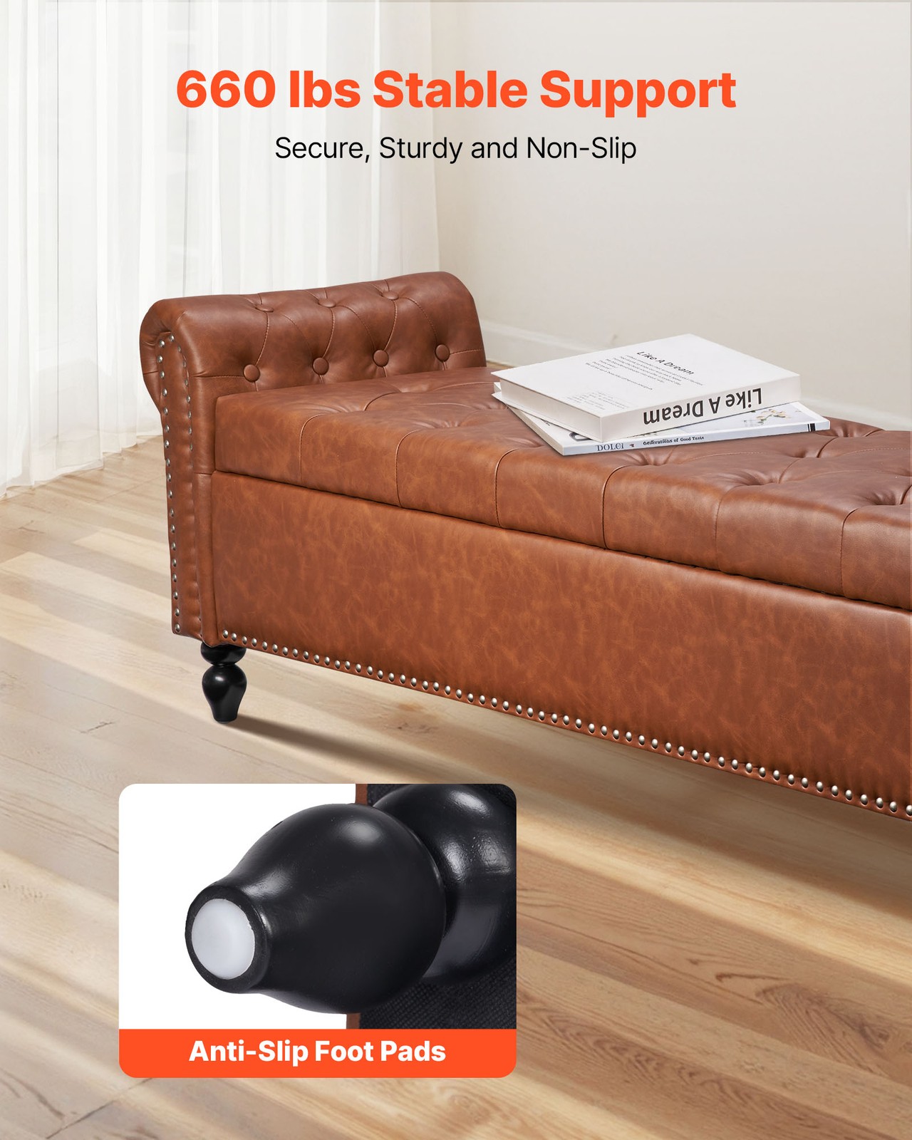 Uimoso Button-Tufted Storage Ottoman Bench Rolled Arm PU Leather Wood Legs Brown