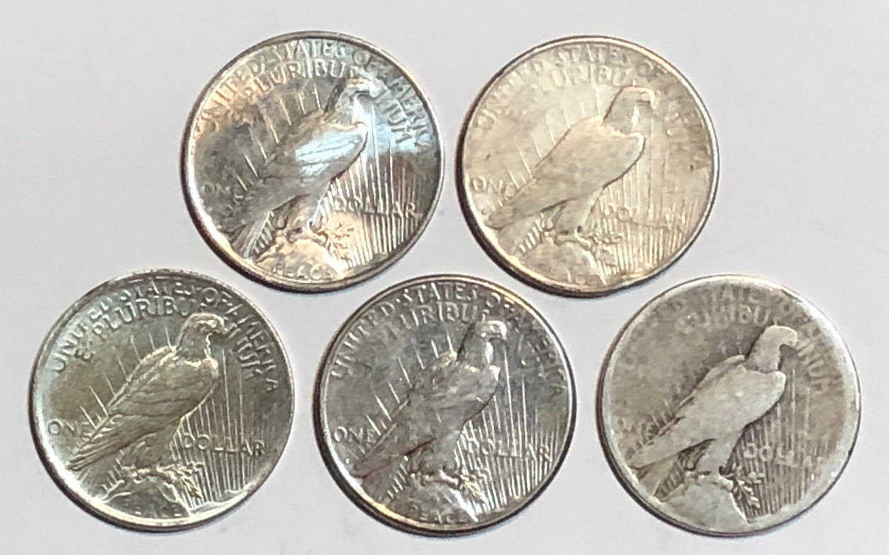 Lot of 5 Cull 1922-1935 US $1 Silver Peace Dollars, Mixed Dates & Mint Marks