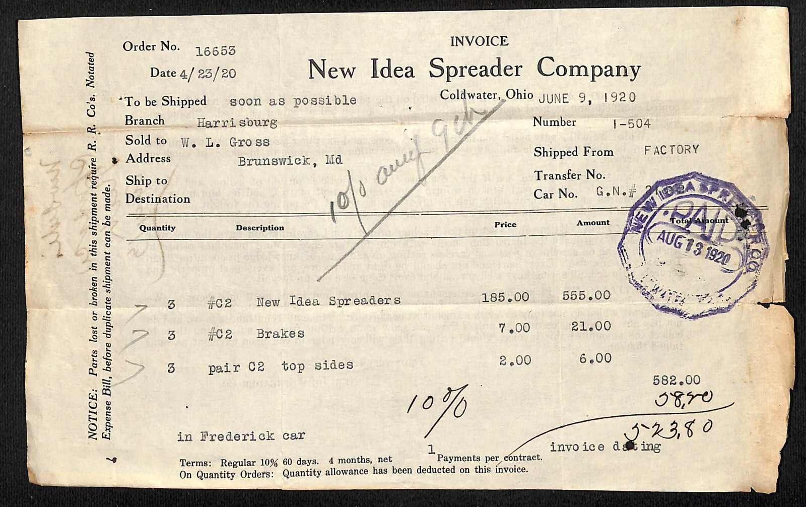 New Idea Spreader Co Coldwater, OH 1920 Invoice Billhead (#4)