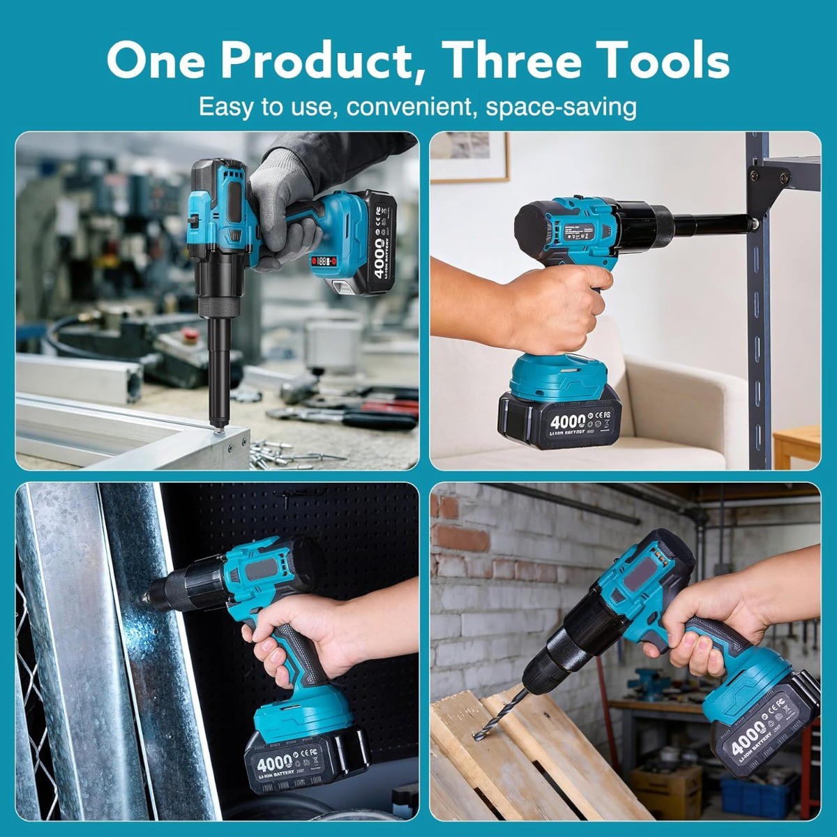 Seesii Battery Powered Pop Rivet/Nut Gun Cordless Electric Rivet Nut Gun 4000mAh