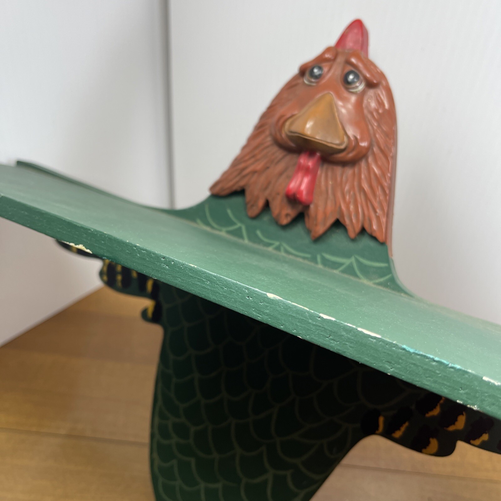 Hand Painted Hanging Shelf Vintage Green Rooster Chicken 1999 Country Folk Art