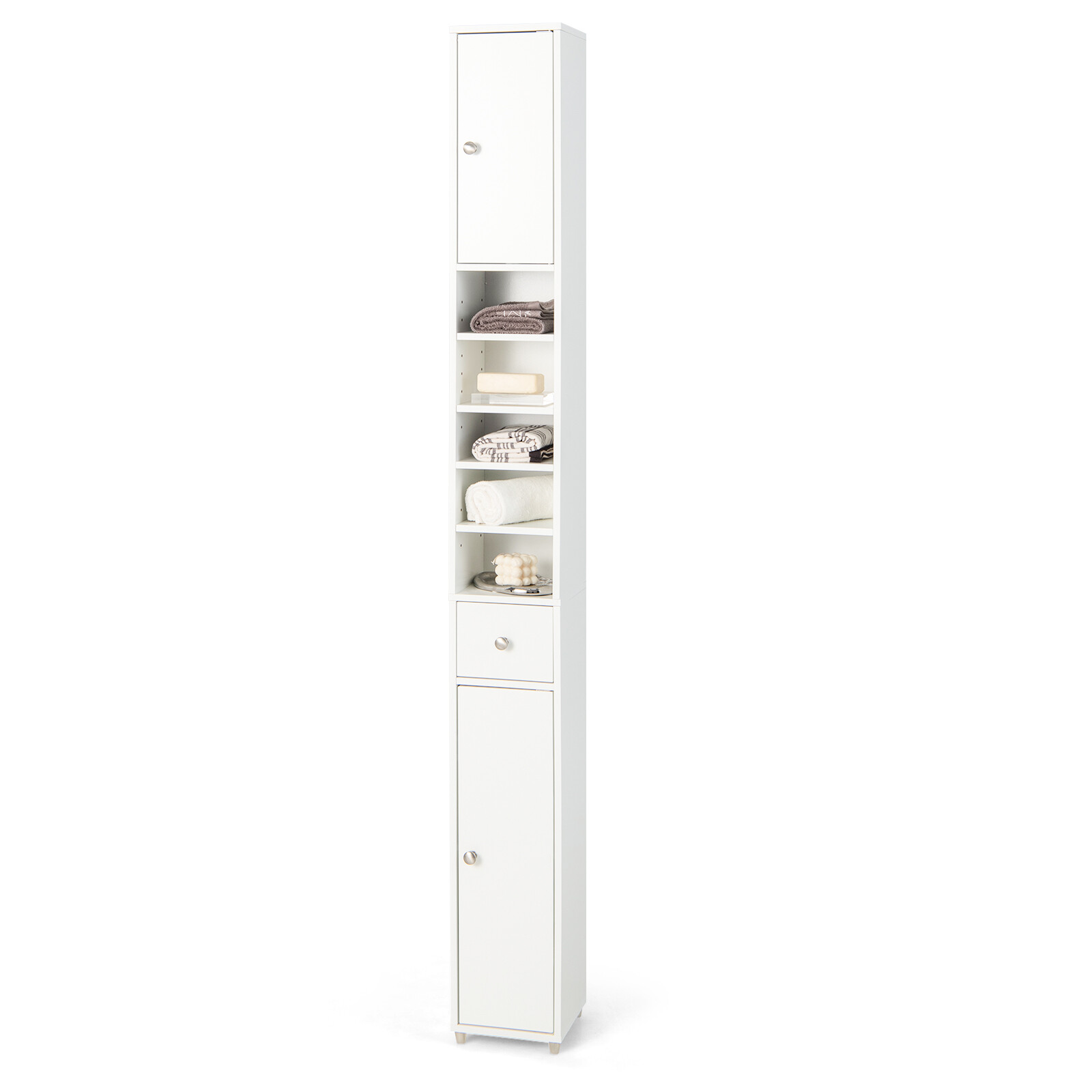 Tall Slim Bathroom Storage Cabinet Linen Tower w/ Drawer & Adjustable Shelves