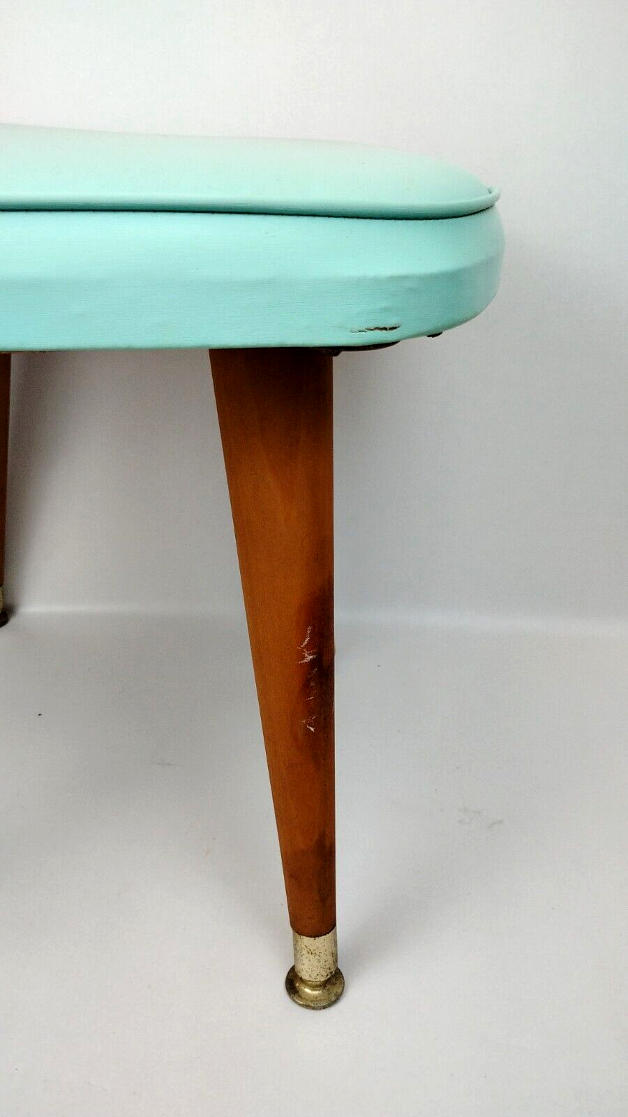 1963 Daystrom Atomic MCM Aqua Blue Vinyl Foot Stool 14" Tapered Peg Leg Gold Tip