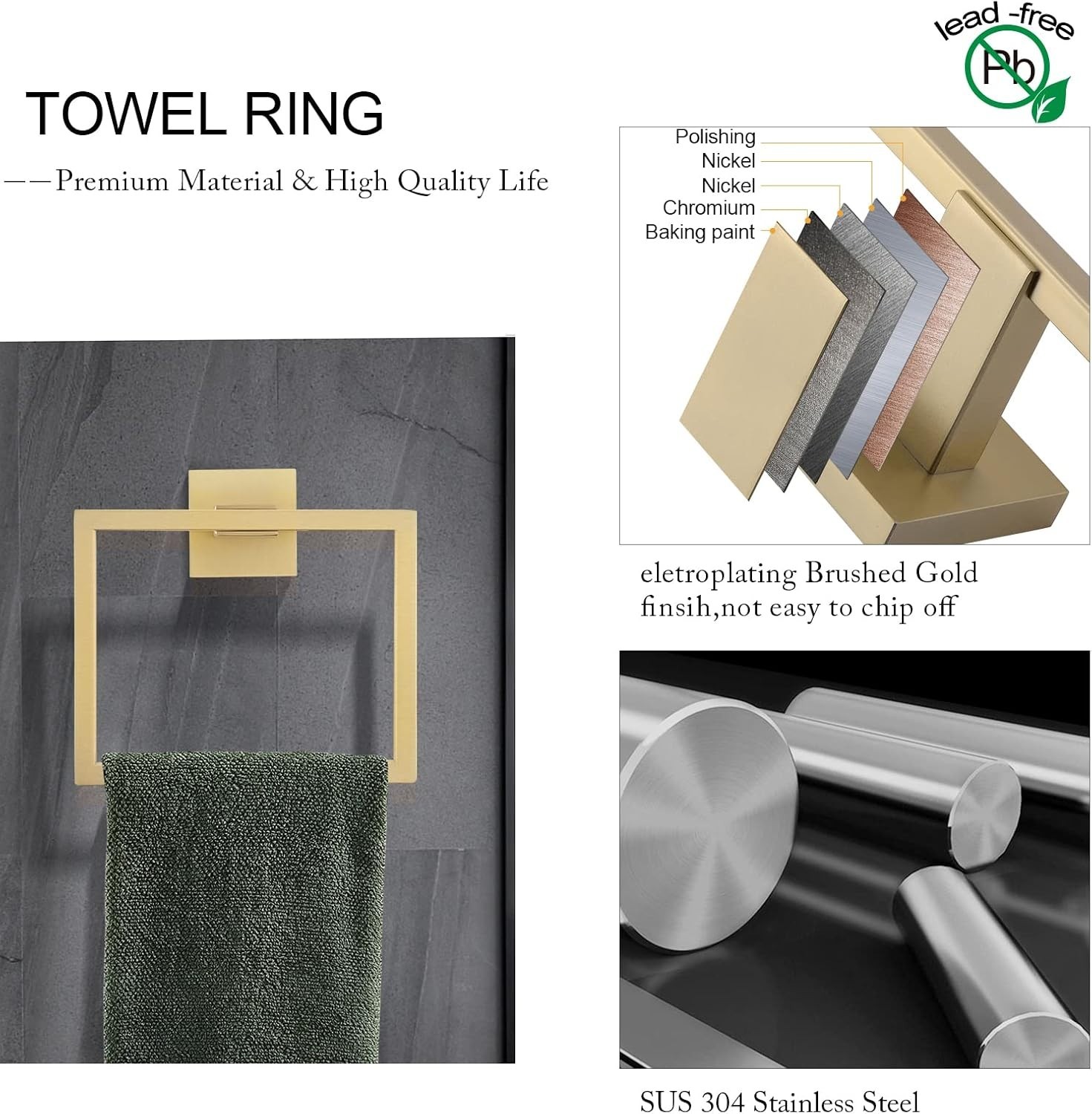5-Pieces Matte Gold Bathroom Hardware Accessories Set 24 Inch Towel Bar Towe