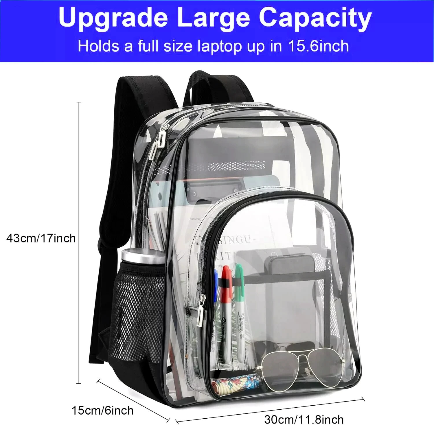 LARGE HEAVY DUTY CLEAR BACKPACK .5MM Transparent PVC School Stadium Waterproof
