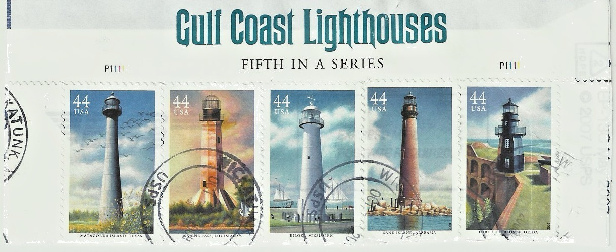 USA Stamps: 2009  Gulf Coast Lighthouses  SC 4413a Strip (5), Used, On Paper