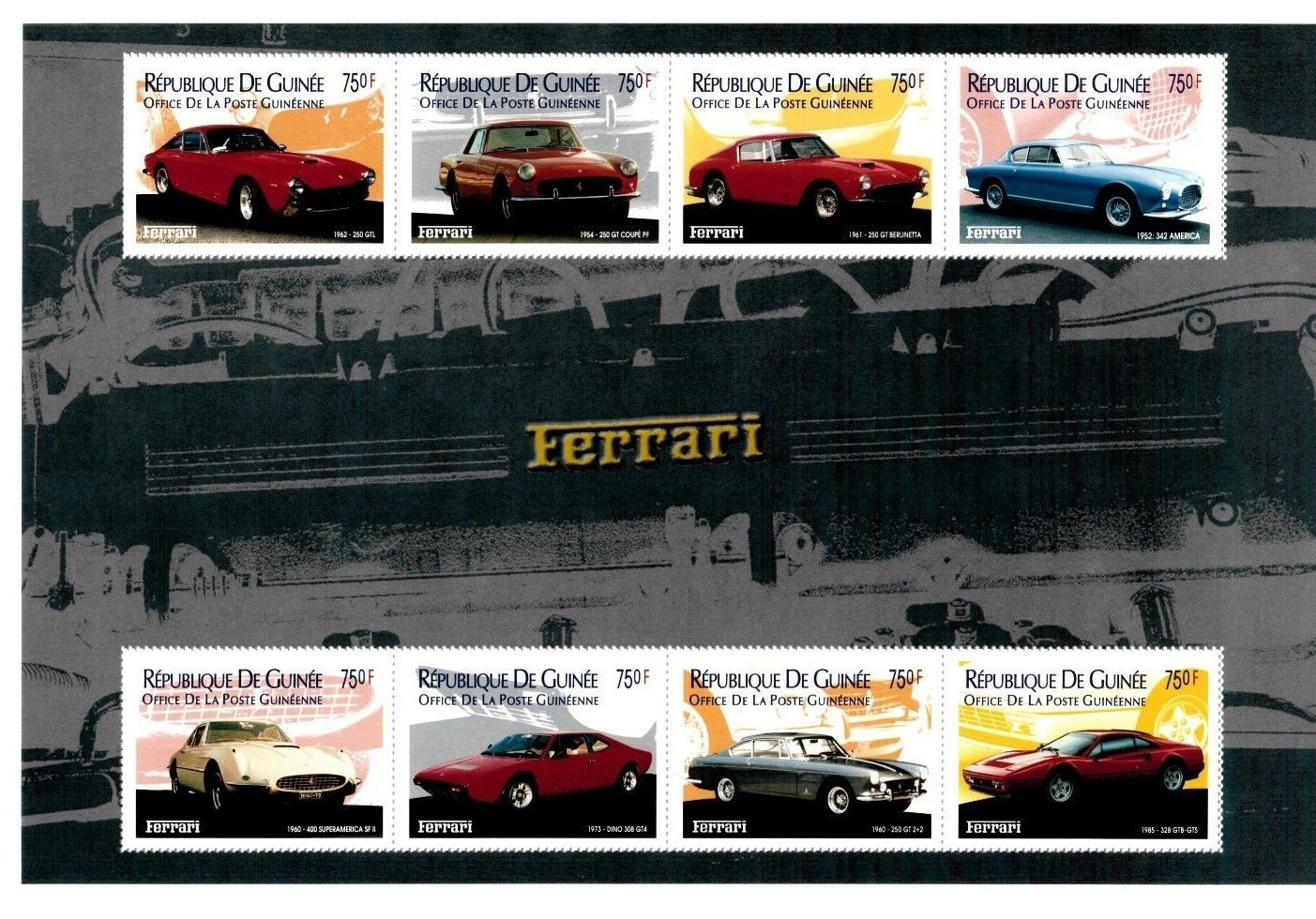 Guinea 2002 - Cars Ferrari - Sheet of 8 Stamps - MNH