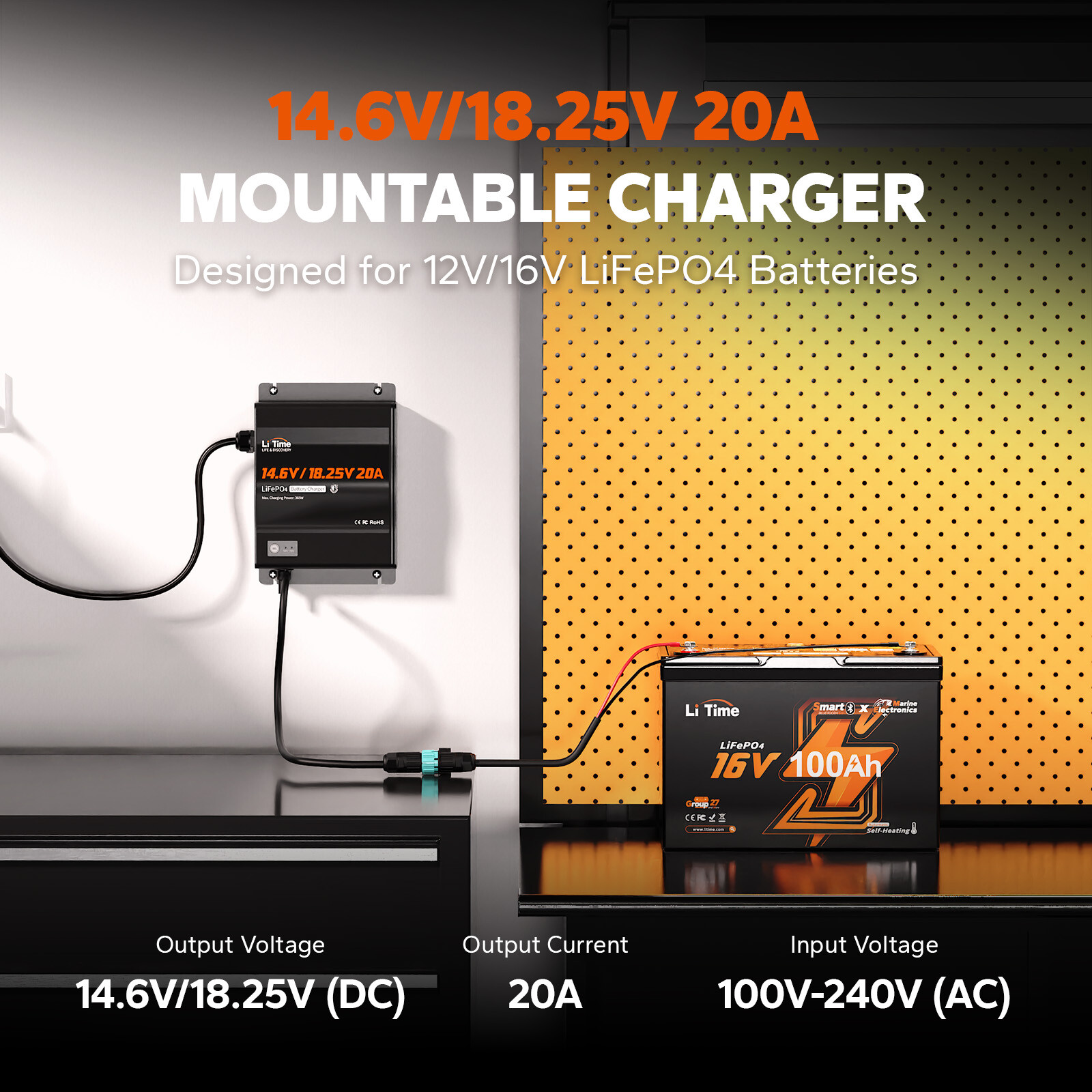 LiTime 14.6V+18.25V 20A Dual Bank Lithium Charger for 12V 16V LiFePO4 Battery