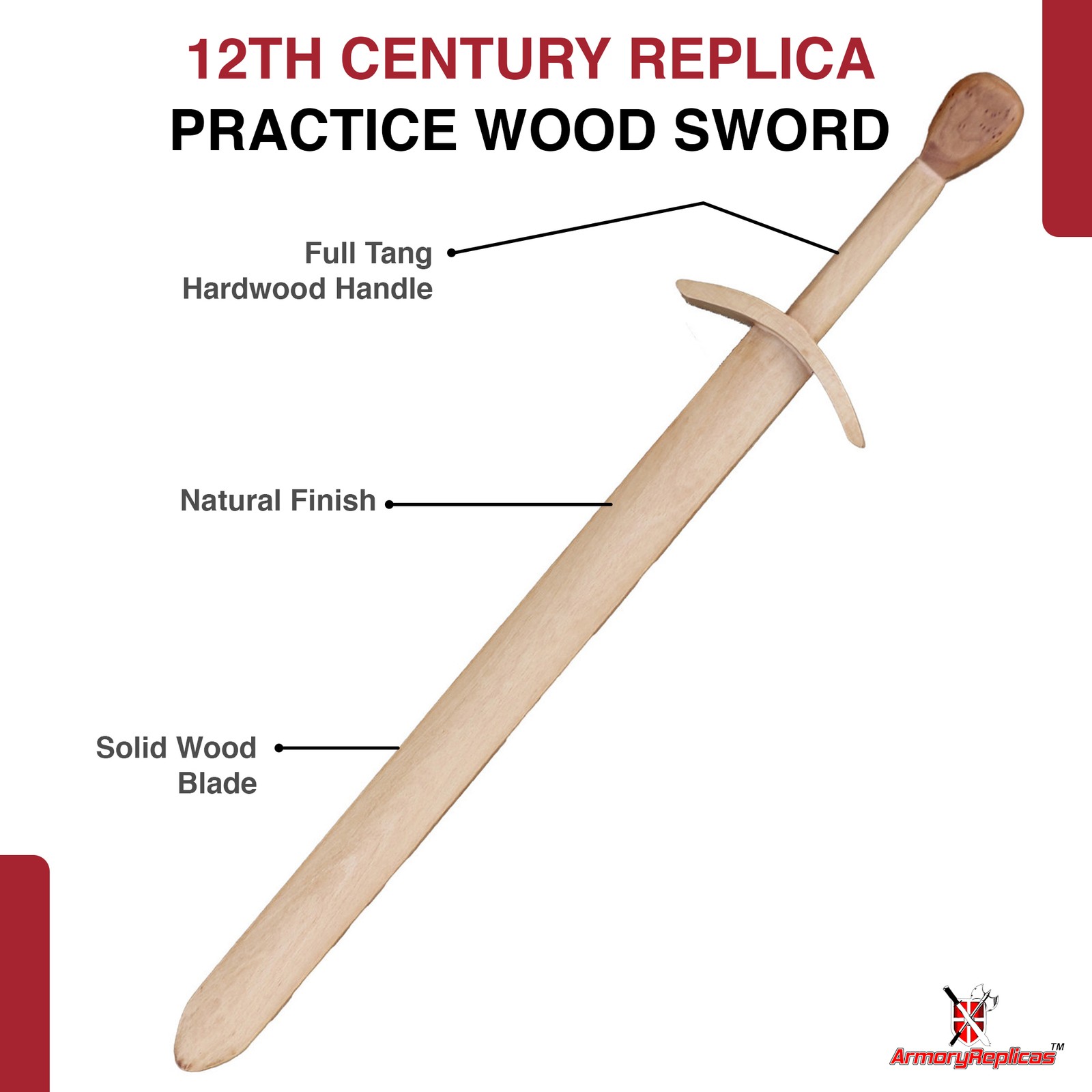 12th Century Wooden Practice Sword Beech Knight LARP Cosplay Stage Combat Prop