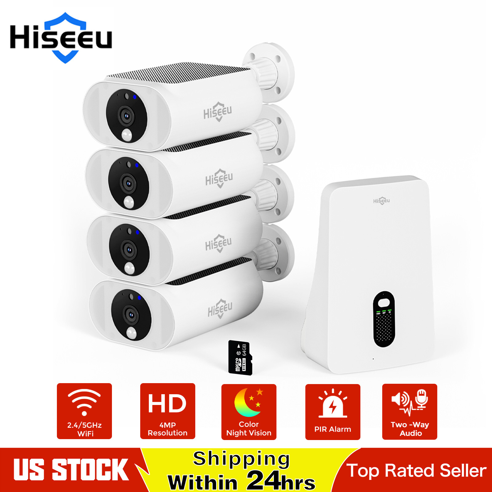 Hiseeu 4MP 10CH Wireless WIFI Solar Battery Powered Security Camera System Audio
