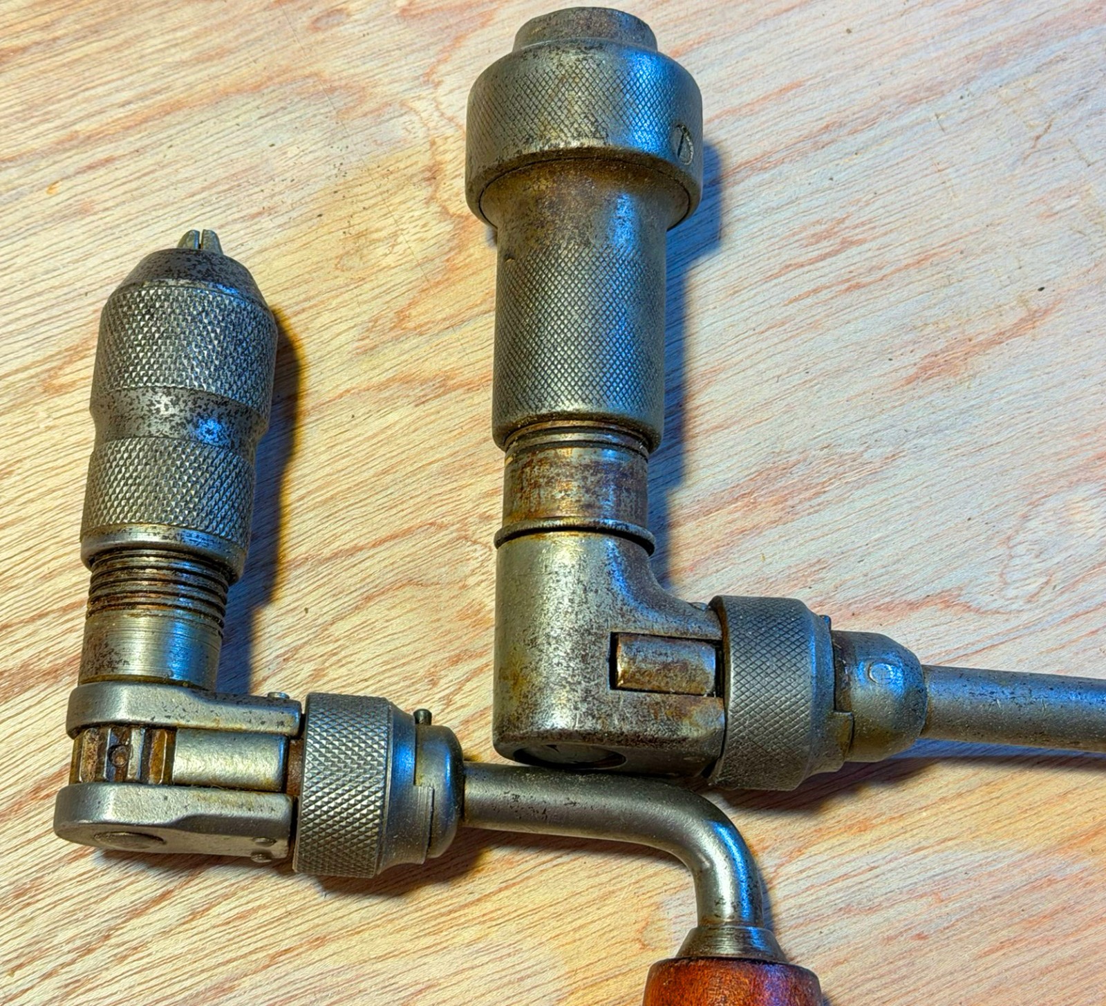 Vintage two Bit and Brace drills with a 1-inch auger bit