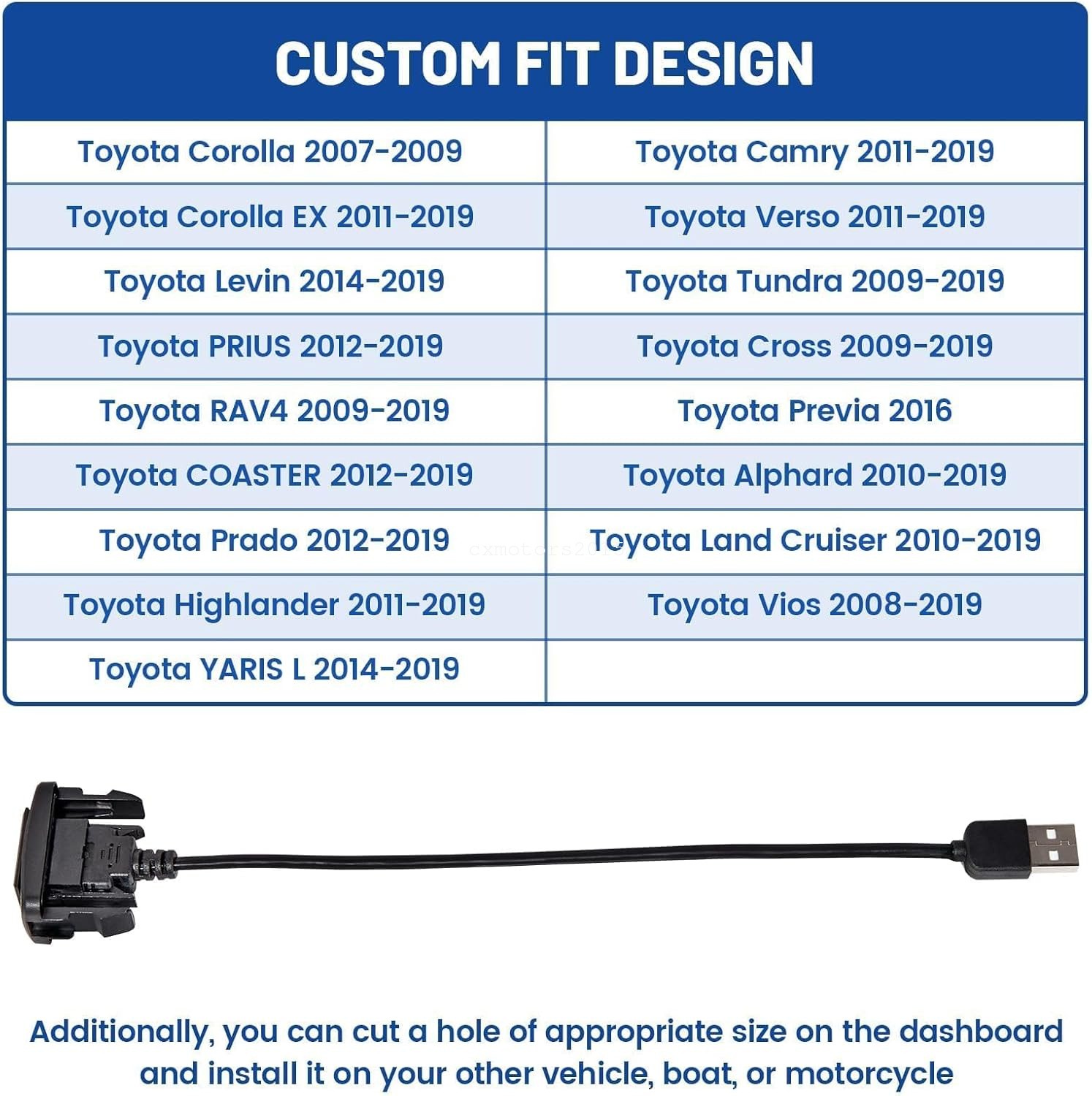 Flush Mount USB Power Socket Adapter 34x23mm for Toyota Rav4 Tundra 2009-2019