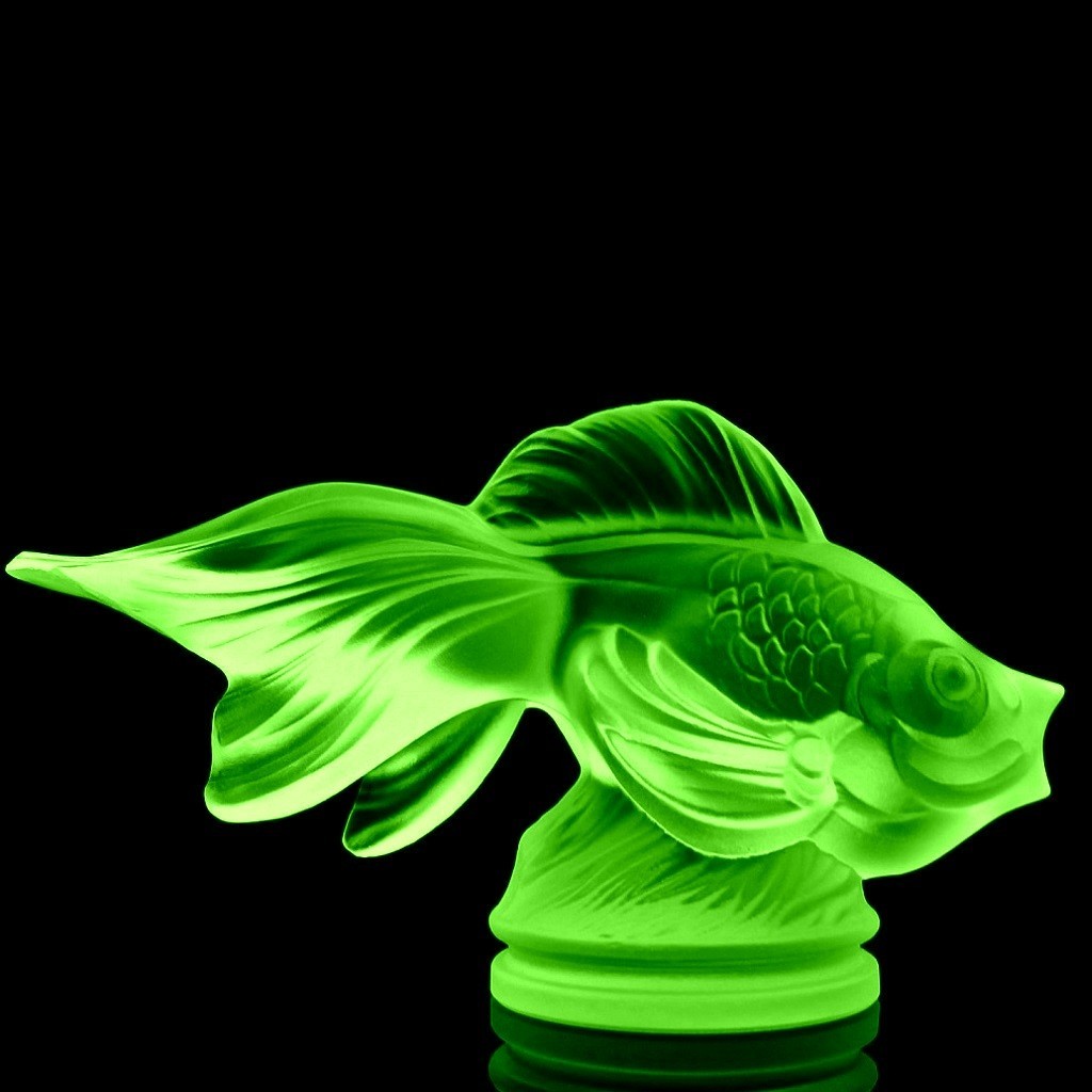 Art Deco Rare Cyan-Blue Vaseline Uranium Glass ' Gold Fish ' 1930' H.Hoffmann