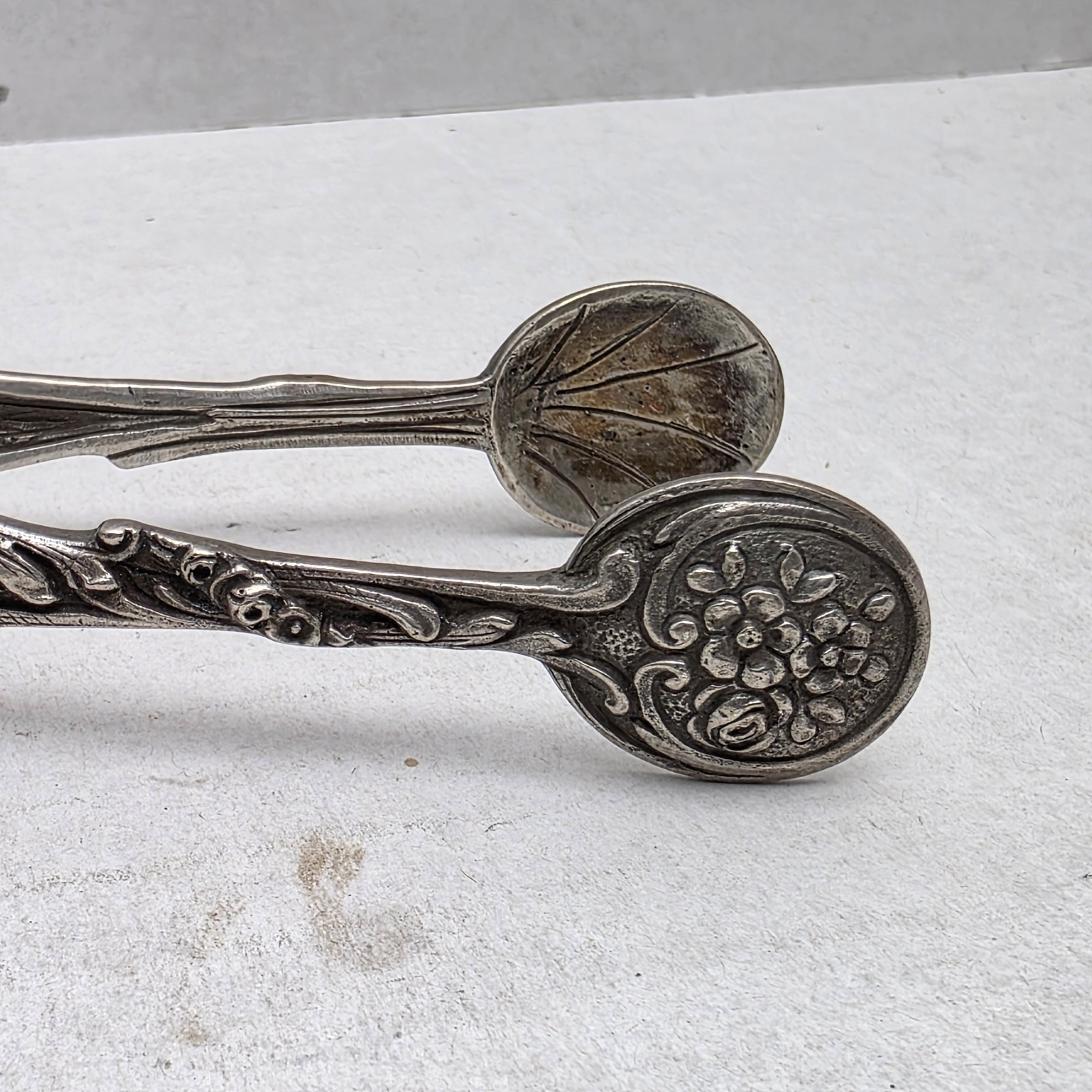 Antique German 830 Silver Sugar Tongs - Ornate Hildesheimer Rose Pattern - 4"
