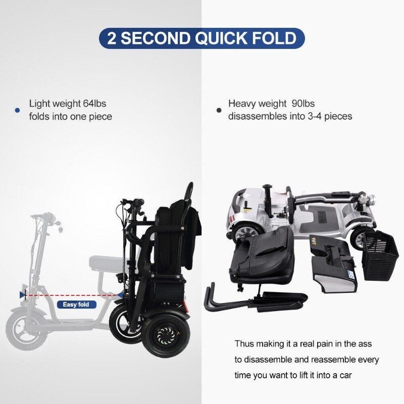 Dual Motor 700W 3-Wheels Folding Senior Electric Mobility Scooter 48V/10Ah 300lb
