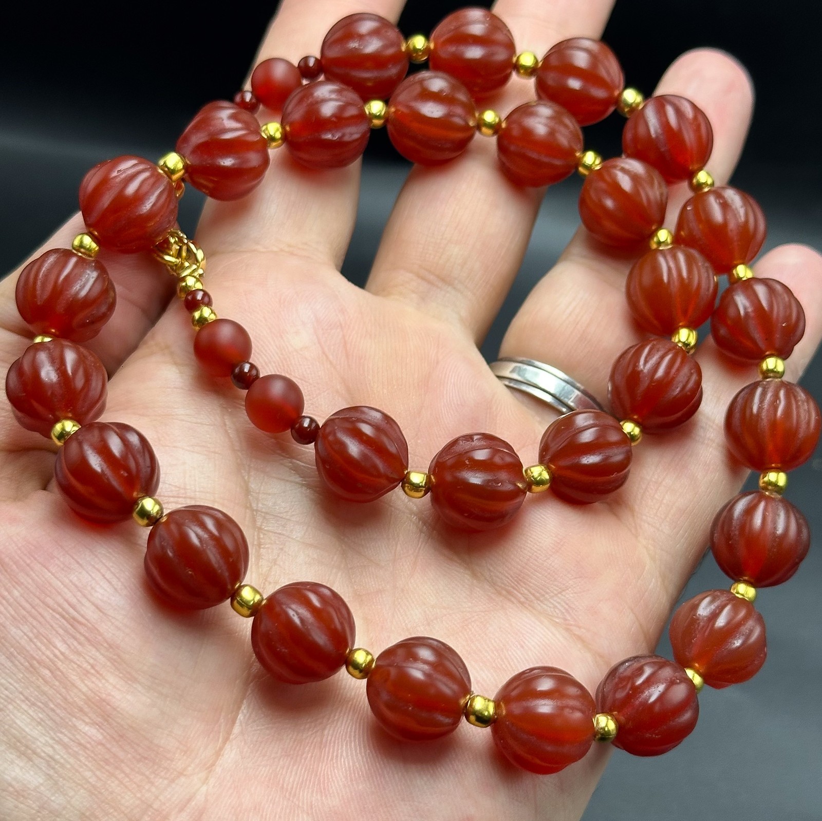 Vintage Himalayan Tibetan Carnelian Carved Agate Melon Shape Beads Necklace