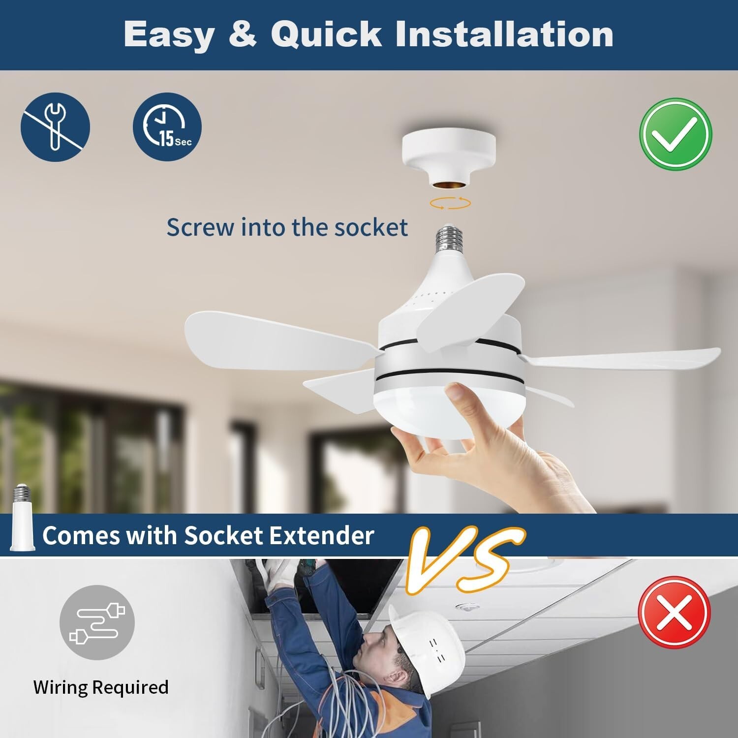 Socket Fan Light with Remote 2000 Lumen Screw in Ceiling Fan in Light Socket Noi