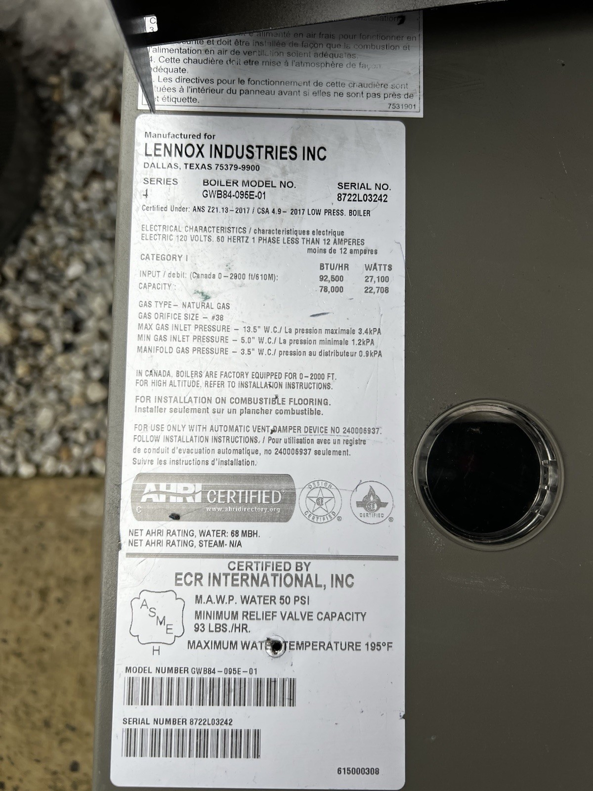 LENNOX GWB84-095E-01 Boiler Furnace 92,500 BTU Natural Gas w/ Expansion Tank