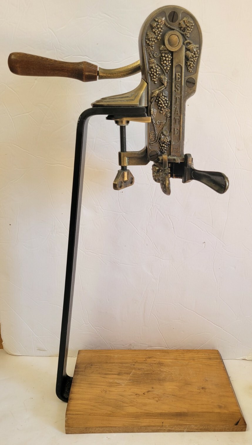 Rogar Estate Antique Brass Table Top Wine Bottle Opener w/ Wood Stand Corkscrew